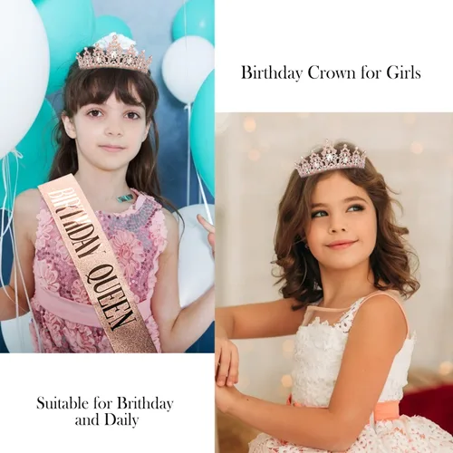 Miniatura 4 de Didder Kit de corona de diamantes de imitación y banda con purpurina, tiara y banda de cumpleaños de oro rosa para mujeres y niñas, accesorios