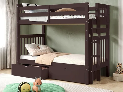 Bedz King Literas altas de tamaño individual sobre individual, estilo Mission con escalera lateral y 2 cajones debajo de la cama, color cereza oscuro