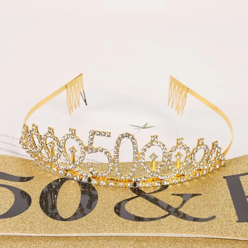 Miniatura 2 de Decoraciones de cumpleaños número 50 para mujer, banda, corona, vela de cumpleaños y globo digital de papel de aluminio de 32 pulgadas, decoración