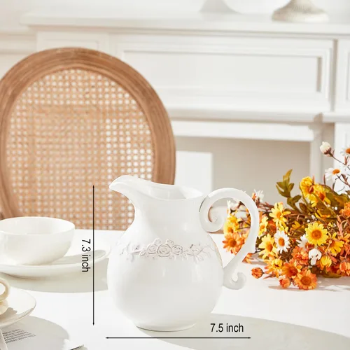 Miniatura 3 de Jarrón de Cerámica Blanco con Flor, Jarra de Cerámica de Granja para Decoración del Hogar, 18.5 cm de Altura.