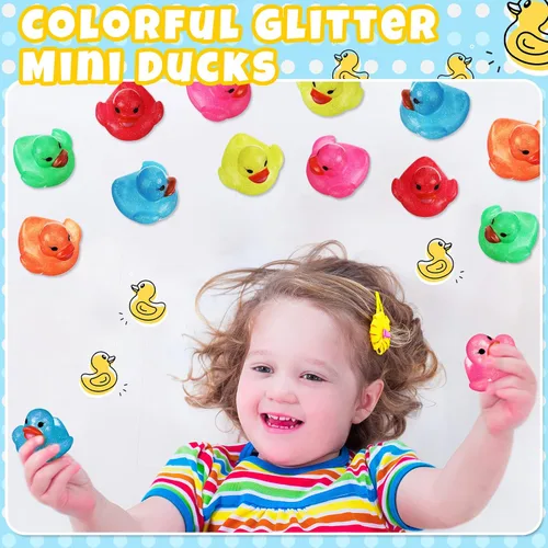 Miniatura 6 de Leitee 24 patos surtidos de patos de goma con purpurina para niños, mini patos con purpurina colorida de color neón, juguetes de baño para regalos