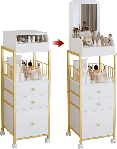 Organizador de Carrito de Maquillaje con Espejo, Organizadores Grandes de Piso para el Cuidado de la Piel, Organizadores de Maquillaje - Organizador