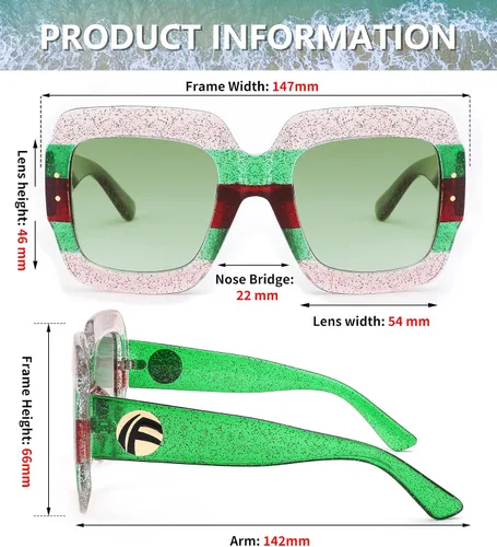 Miniatura 6 de Feisedy B2276 Gafas de sol cuadradas de gran tamaño con marco de brillantina multicolor
