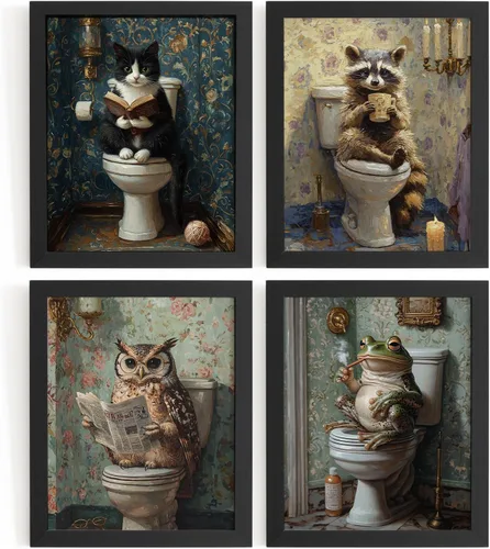 WXHUM Decoración de pared vintage para baño, divertidos carteles de animales para baño, set de 4 impresiones artísticas de gato, mapache, lechuza y