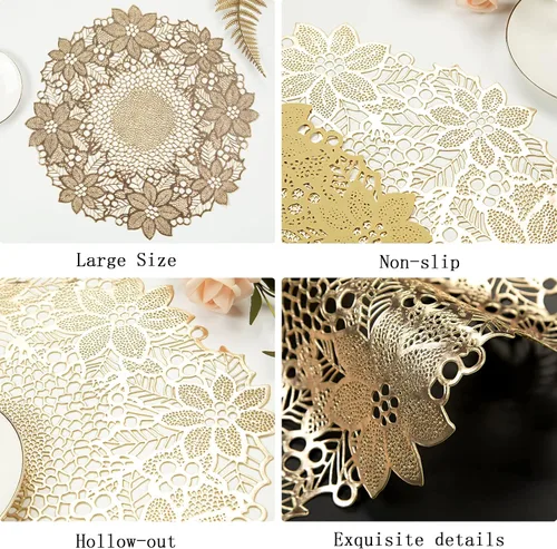 Miniatura 6 de Juego de 6 manteles individuales de vinilo prensado, hojas doradas redondas en flor, aptos para limpieza, 38 cm, antideslizantes, platos huecos