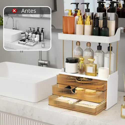 Miniatura 4 de StorBin Organizador de maquillaje de 3 cajones grandes, organizador de encimera de baño de 5 niveles y almacenamiento, organizador versátil de Ámbar