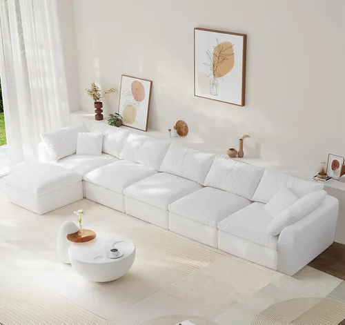 Miniatura 19 de Sofá modular de nube sin hueso de 108 pulgadas con asiento profundo para sala de estar, sofá en forma de L con otomana, tela de copo de nieve y Negro