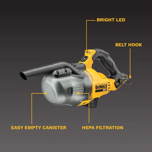Miniatura 3 de DEWALT Aspiradora de Mano Inalámbrica de 20V, Aspiradora para Automóvil con Filtro HEPA, 6 Accesorios y Luz LED, Alto Rendimiento Solo en Seco