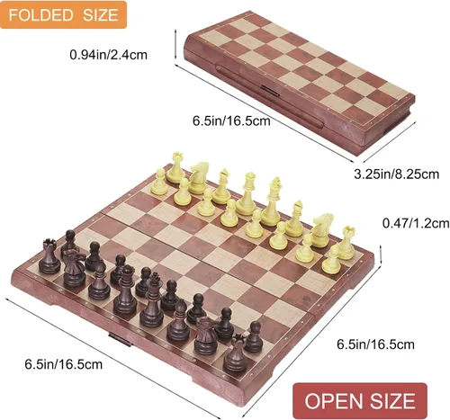 Miniatura 2 de Juego de ajedrez magnético de viaje mini 6.5 pulgadas, estilo nogal - Pequeño tablero de ajedrez plegable de bolsillo, ideal para viajes y regalos