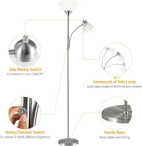 Miniatura 4 de RISLG Lámpara de pie, lámpara de pie regulable, brillo de atenuación continua, incluye bombillas LED de 9 W y 5 W, lámpara de pie industrial