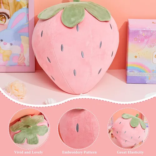 Miniatura 3 de Juexica 2 piezas de almohada de fresa de 15.7 pulgadas 9.8 pulgadas, almohada de felpa de fruta, suave decoración de dormitorio de fresa kawaii