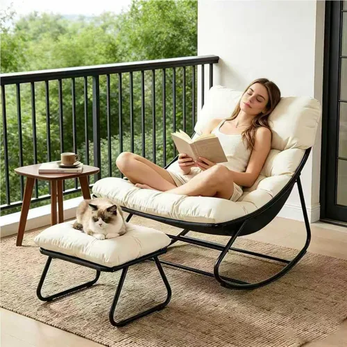 Miniatura 10 de Mecedora para interiores, cómoda silla de patio, mecedora con otomana y marco de metal resistente, sillas de balcón con cojín grueso, silla mecedora