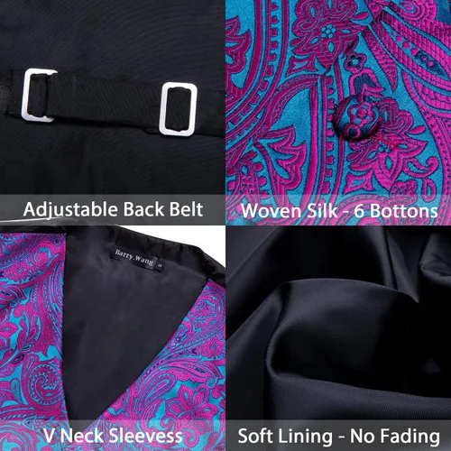 Miniatura 37 de Barry.Wang Conjunto de chaleco de pajarita para hombre, chaleco con cuello en V de seda jacquard de cachemira, gemelos de pañuelo formal/ocio, boda
