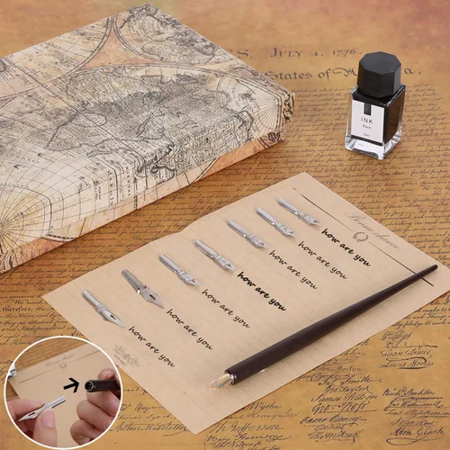 Miniatura 3 de Juego de tinta vintage de pluma, bolígrafos de plumas con bolígrafo de caligrafía de madera, incluye 7 tamaños diferentes de plumas, juego