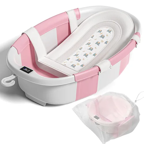 Miniatura 9 de Bañera plegable para bebés, bañeras para bebés recién nacidos con cojín suave y termómetro y bolsa de malla organizadora de juguetes, bañera