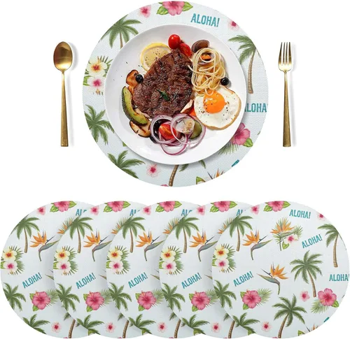 Miniatura 3 de Tropical Palm Hibiscus White Round Table Placemats, Heat Resistant Non Slip Washable Table Mats Set for Kitchen one sizex6