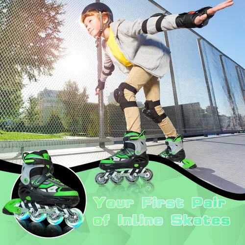 Miniatura 7 de Patines en línea ajustables para niños y adultos, patines al aire libre para principiantes con todas las ruedas iluminadas para niñas, niños, Verde