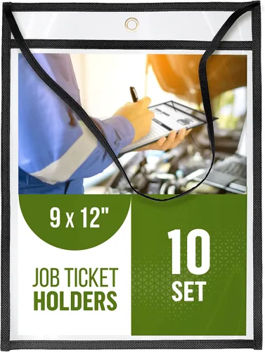 Paquete de 10 soportes colgantes para boletos de trabajo con correa de 9 x 12 pulgadas, soportes negros para boletos de tienda con correa para