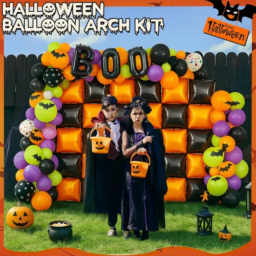 Miniatura 5 de Lunmon Kit de arco de guirnalda de globos cuadrados negros y naranjas, 143 piezas con adhesivo de murciélagos, túnel de globos de doble cara