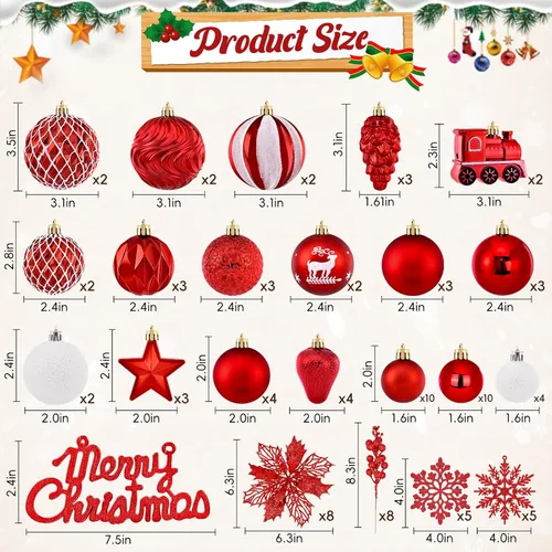 Miniatura 6 de Ktinnead Juego de 94 piezas de decoración para árbol de Navidad, adornos rojos inastillables para colgar en el árbol de Navidad con flores de pascua
