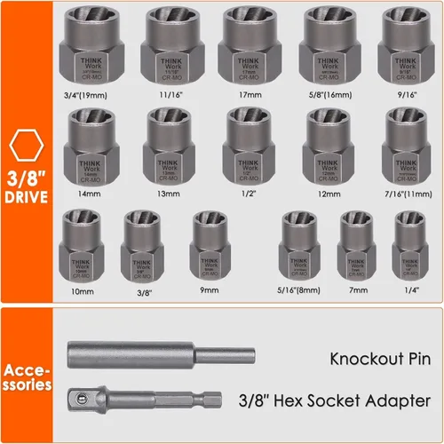 Miniatura 2 de THINKWORK Kit extractor de pernos, juego de 18 piezas de enchufes extractores de tuercas, removedor de pernos redondeados de 3/8 pulgadas