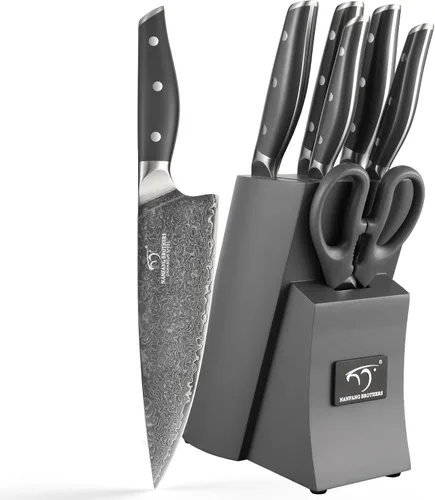 Miniatura 9 de NF NANFANG BROTHERS Juego de Cuchillos de Cocina de Damasco, 15 Piezas con Bloque, Mango Ergonómico ABS, Tenedor de Trinchar, Juego de Bloque