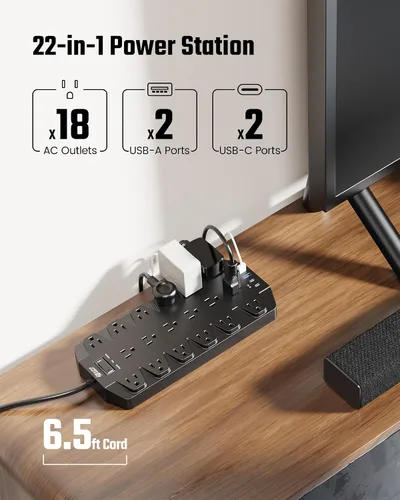 Miniatura 2 de SUPERDANNY Lámpara LED de escritorio con 18 tomas de corriente, protector de sobretensiones con puertos USB, cable de extensión resistente