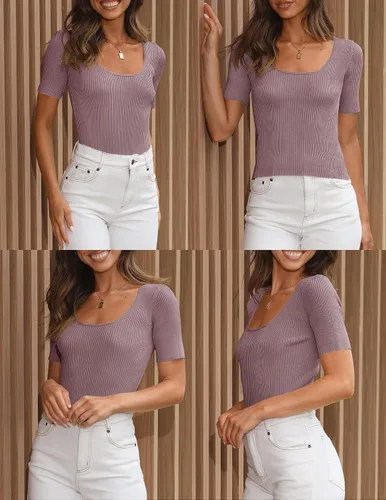 Miniatura 5 de ZESICA Women's 2024 Short Sleeve Square Neck T Shirts Slim Fitted Summer Ribbed Knit Basic Casual Tee Tops