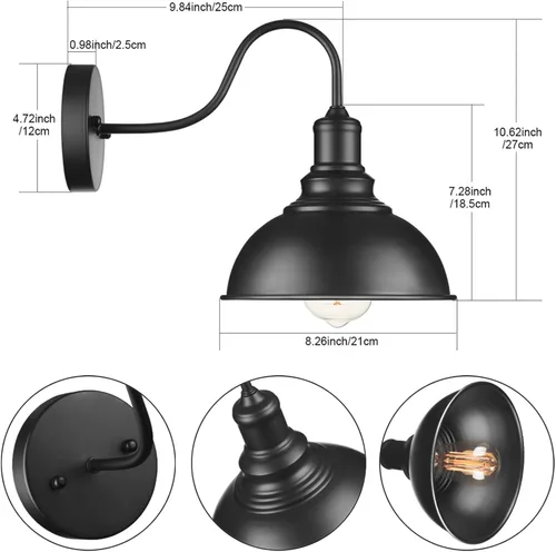 Miniatura 2 de YeLEEiNO Lámparas de pared, aplique de pared negro, iluminación de granero, lámpara de pared industrial vintage de granja E26, lámpara de pared LED