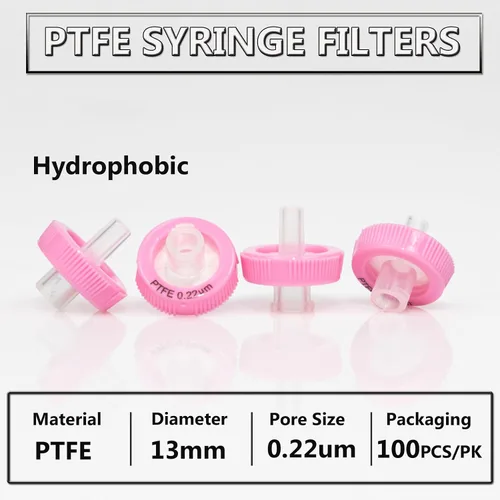 Miniatura 3 de 100 filtros de jeringa, filtración hidrofóbica de PTFE, 0,22 um micrones, tamaño de poro, 0.512 in, diámetro de membrana, disco de membrana de PTFE