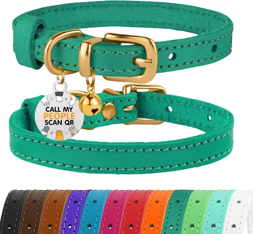 Miniatura 21 de BRONZEDOG Collar de cuero para gato con campanas extraíbles sin liberación rápida, etiqueta QR para gatito para niña y niño