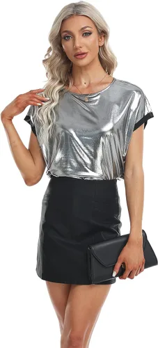 Miniatura 6 de MISS MOLY Camisetas brillantes de manga corta con cuello redondo holográfico metálico brillante para mujer