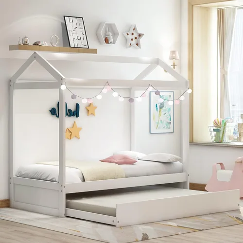 Miniatura 4 de Bellemave Cama de casa individual con nido para niños, cama de casa con techo, tamaño individual, marco de sofá cama con nido para niños y niñas