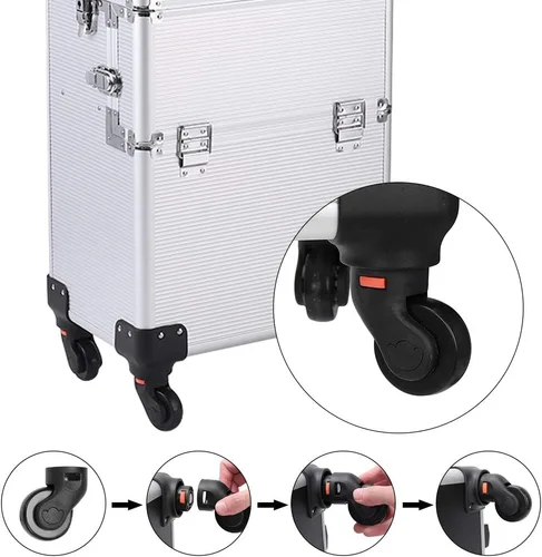 Miniatura 2 de Flandre Estuche de aluminio 3 en 1, organizador de cosméticos de belleza, caja de viaje de maquillaje, caja de tren con ruedas, bandejas plegables