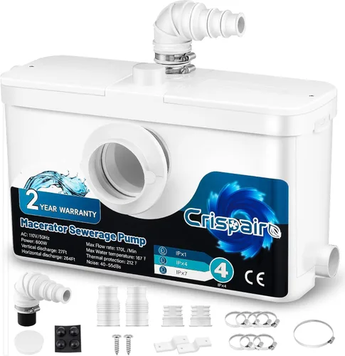 Bomba de alcantarillado macerador de 600 W - 33 pies/328 pies, flujo de 170 L/minuto para inodoro de sótano, fregadero, ducha, cocina, lavandería, 4