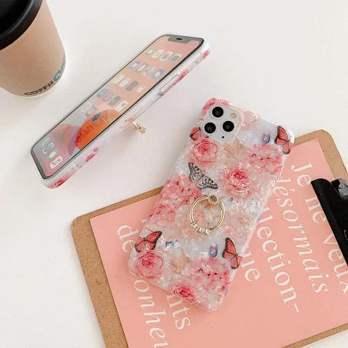 Miniatura 4 de Qokey - Funda compatible para iPhone XR, hermoso diseño de flores, para mujer y niña, con anillo giratorio de 360 grados, TPU suave, a prueba