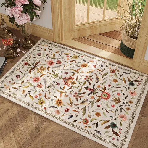 Alfombra de entrada vintage con medallón floral de 2 x 3 pulgadas, lavable a máquina, alfombra de entrada de pelo bajo, suave, pequeña, alfombra