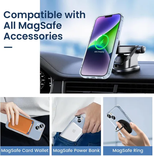 Miniatura 3 de VEGO Funda para iPhone 13 y iPhone 14, con imanes integrados, parte trasera de policarbonato duro transparente + funda delgada de TPU suave