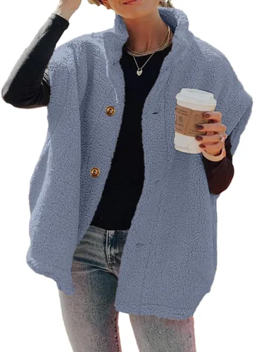 Miniatura 21 de Hongqizo - Chaleco de forro polar mullido para mujer, casual, de gran tamaño, cálido, con botones, chaqueta de sherpa con bolsillos