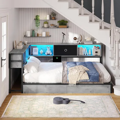 Miniatura 2 de Hasuit - Base de cama esquinera de tamaño matrimonial con cajones de almacenamiento y cabecera con estantería, plataforma de metal, estación