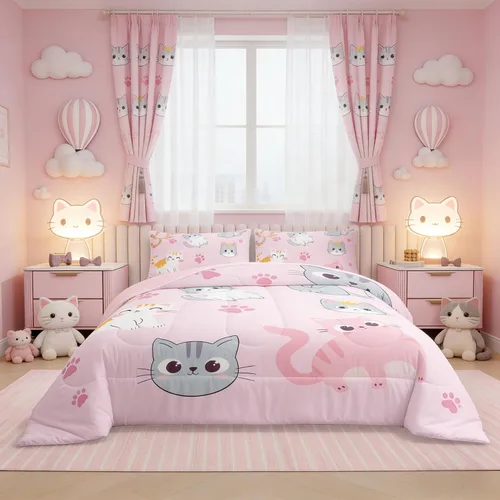 Miniatura 4 de Erosebridal - Juego de edredón para niños tamaño individual con diseño de gatos coloridos; juego de ropa de cama para niñas estilo Kawaii, Patrón 38