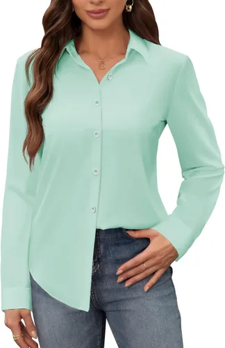Miniatura 28 de Siliteelon - Camisas de vestir para mujer, a prueba de manchas, sin arrugas, de manga larga, sólidas, para trabajo y negocios, con botones