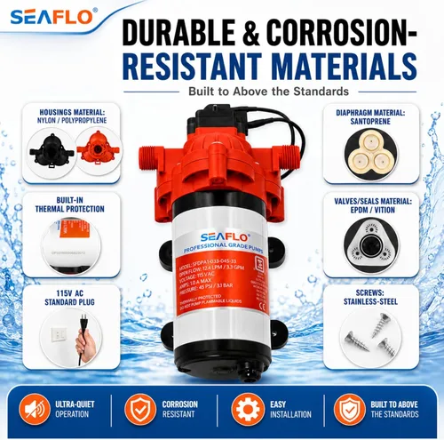 Miniatura 9 de SEAFLO Bomba de agua dulce serie 33 de 110 V/115 V CA, bomba de presión autocebante de 3.3 GPM 45 PSI con interruptor de presión inteligente, bomba