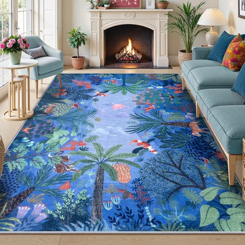 Miniatura 16 de LIVEBOX Alfombra lavable con estampado de animales de la jungla de 5 x 7 pies en azul para sala de estar, alfombras antideslizantes para dormitorio