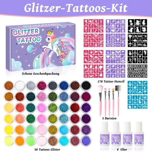 Miniatura 2 de Kit de tatuajes temporales con purpurina para niños, 48 colores de purpurina, 178 plantillas, 4 pegamento, 5 pinceles, kit de purpurina para adultos