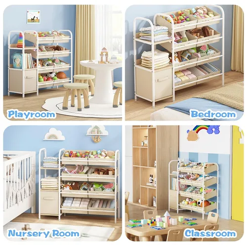 Miniatura 5 de Fixwal Organizador de almacenamiento de juguetes con cajones de tela y estantería, 3 estantes para niños, estantería para guardería con contenedores