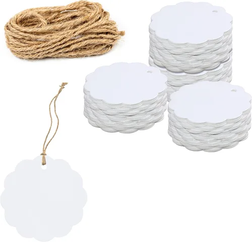 200 etiquetas de regalo de papel kraft blanco festoneado con cuerda de yute natural de 100 pies para embalaje de manualidades, la etiqueta mide 2.4