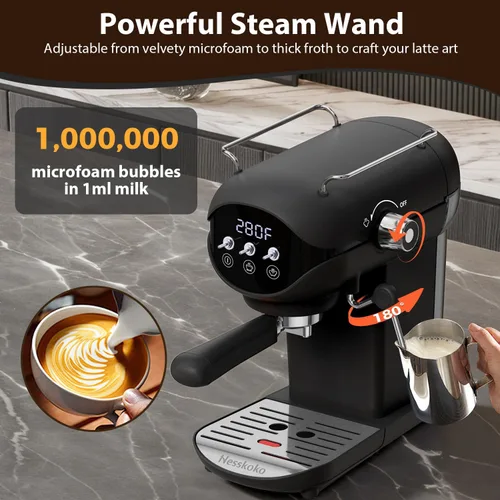 Miniatura 4 de Cafetera Espresso con espumador de leche a vapor semiautomática de 20 bares, diseño compacto en negro con interruptor de palanca para café espresso