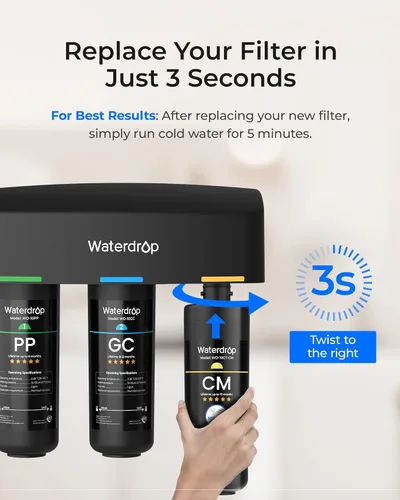Miniatura 7 de Waterdrop WD-10CM - Filtro de agua de repuesto para Waterdrop TSB-CM Sistema de filtro de agua de 3 etapas debajo del fregadero, sistema de Satén