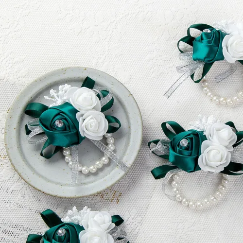 Miniatura 4 de 12 unids/lote mujeres novia novia dama de honor muñeca ramillete seda rosa perlas niñas boda mano flores decoración fiesta (verde)